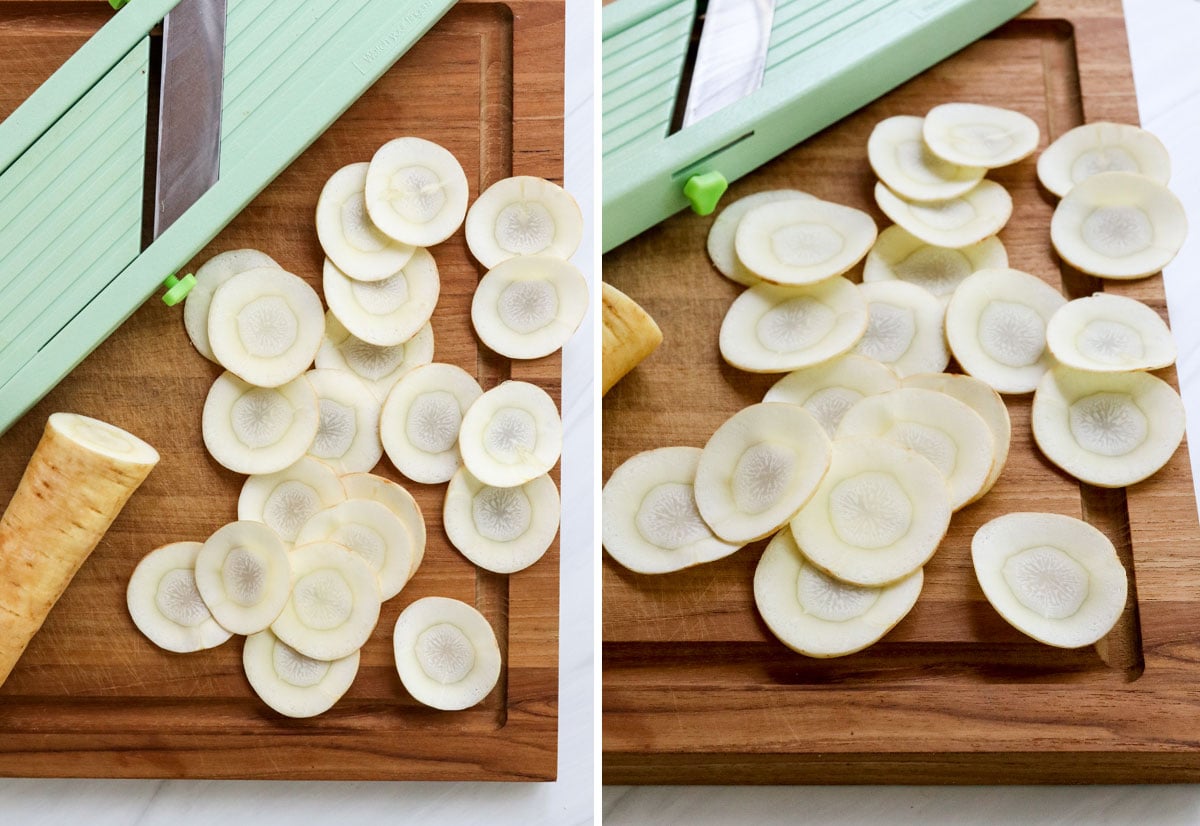 parsnips thinly sliced on mandolin.