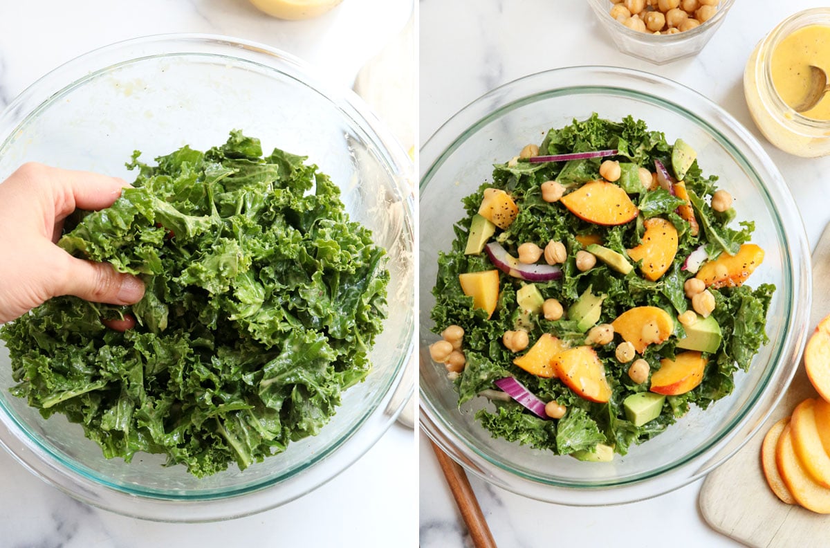 kale massaged and topped with peaches