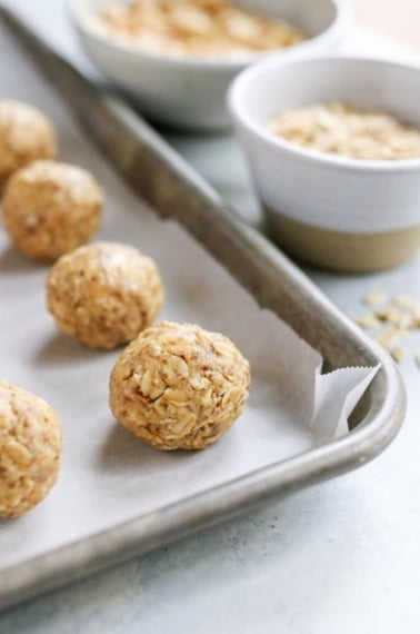 peanut butter protein balls on a pan