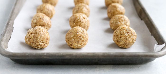 finished protein balls on pan