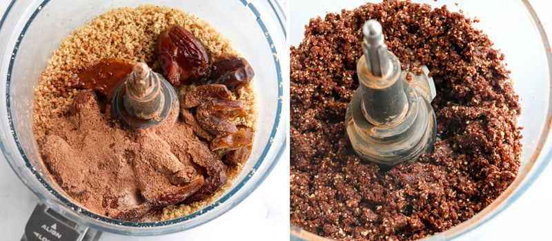 Dates and cacao powder processed in food processor