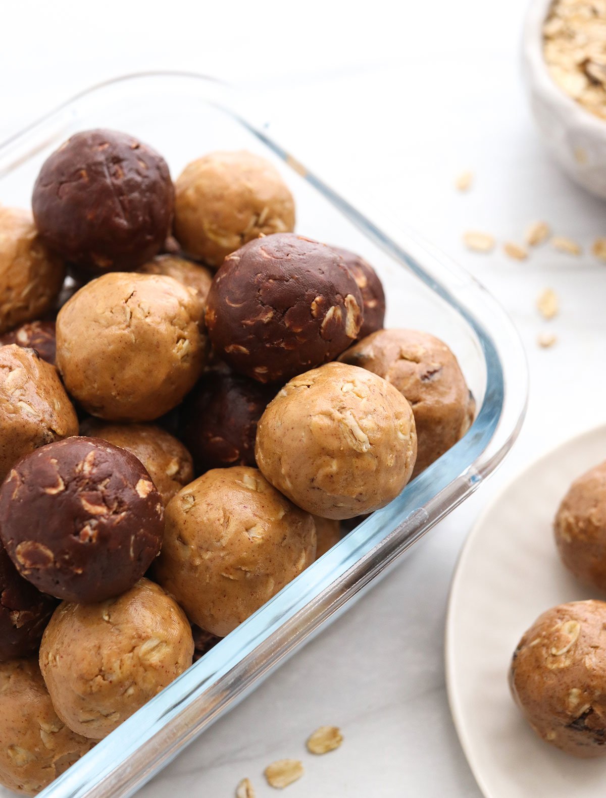 protien balls in meal prep glass container.