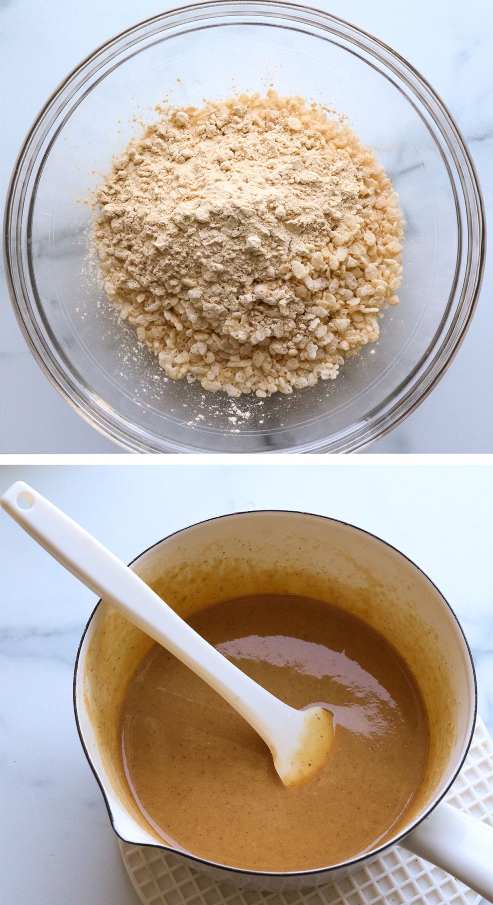 protein powder added to rice cereal and honey melted with peanut butter.