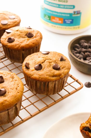 protein muffins on a cooling rack with chocolate chips.