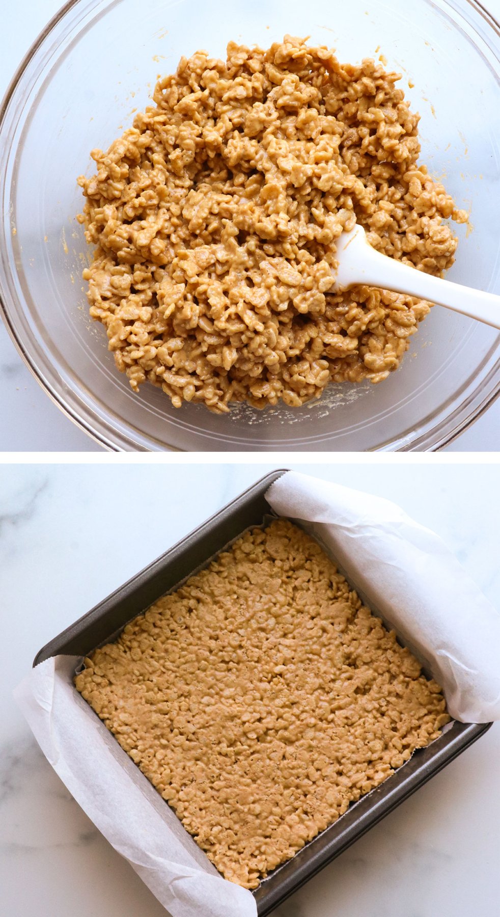 peanut butter stirred into cereal and pressed in the prepared square pan.