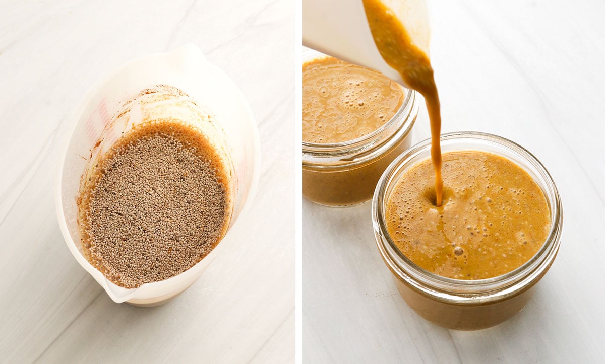 chia seeds added and poured into serving jars.