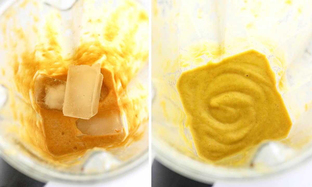 blended pumpkin smoothie in blender with ice