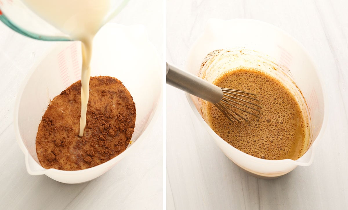 liquid ingredients mixed together for pumpkin pudding.