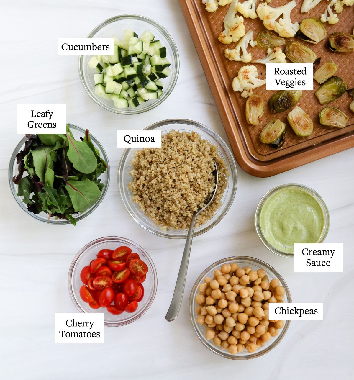 quinoa bowl ingredients labled in bowls.