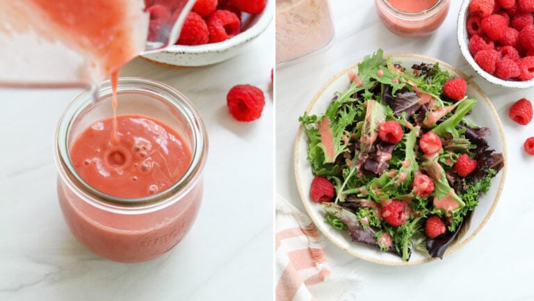 raspberry dressing served over salad.