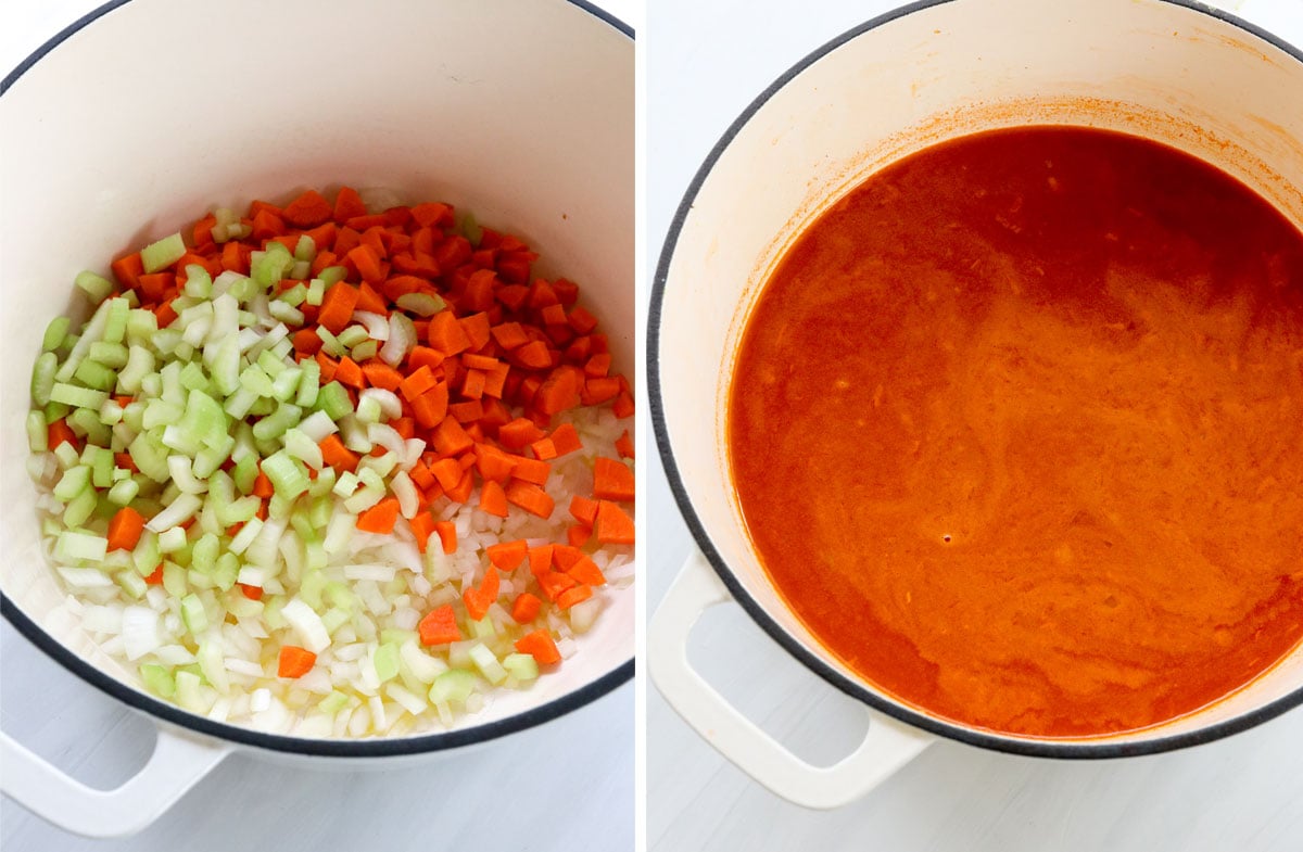 ingredients added to large white soup pot.