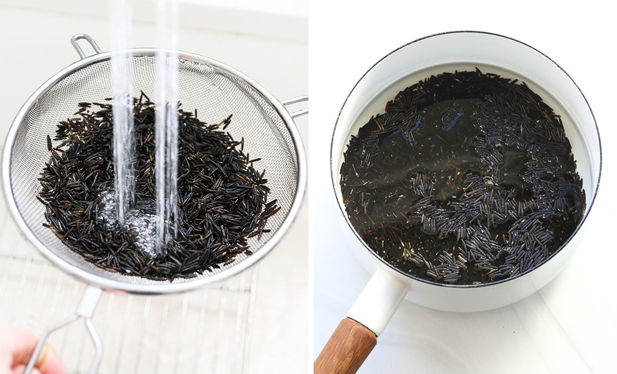 wild rice rinsed in a strainer and added to saucepan.