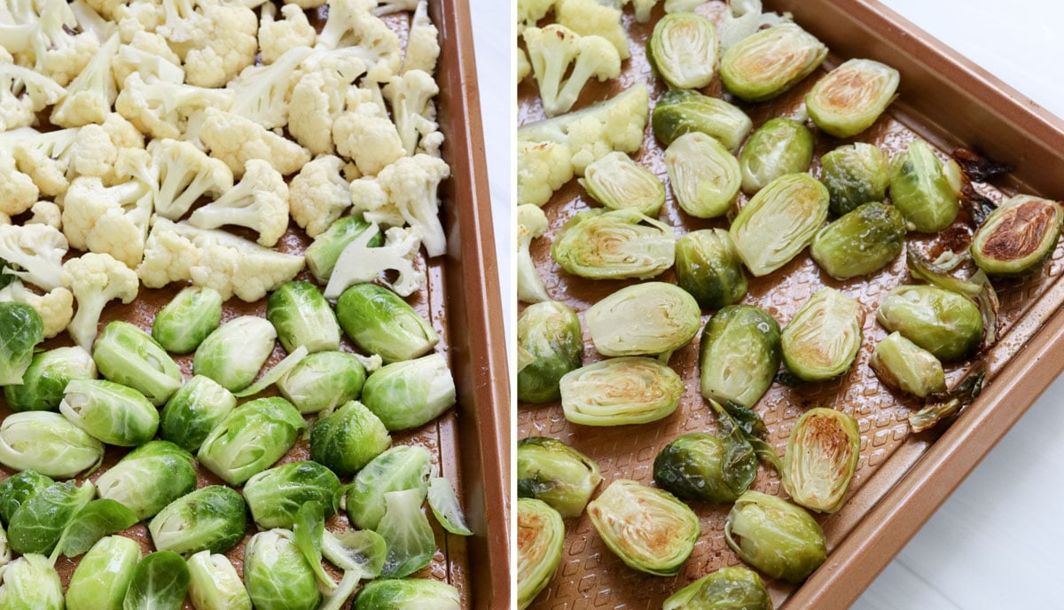 vegetables roasted on a sheet pan.