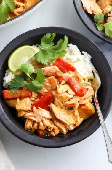 salmon curry in bowl with fresh cilantro on top