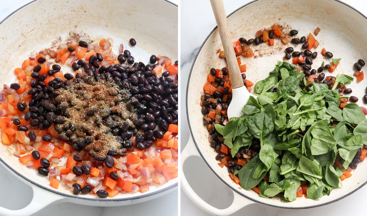 sauteed onions, peppers, beans, and spinach