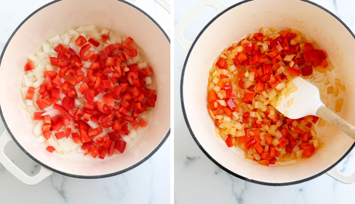 sauteed peppers and onions in pot