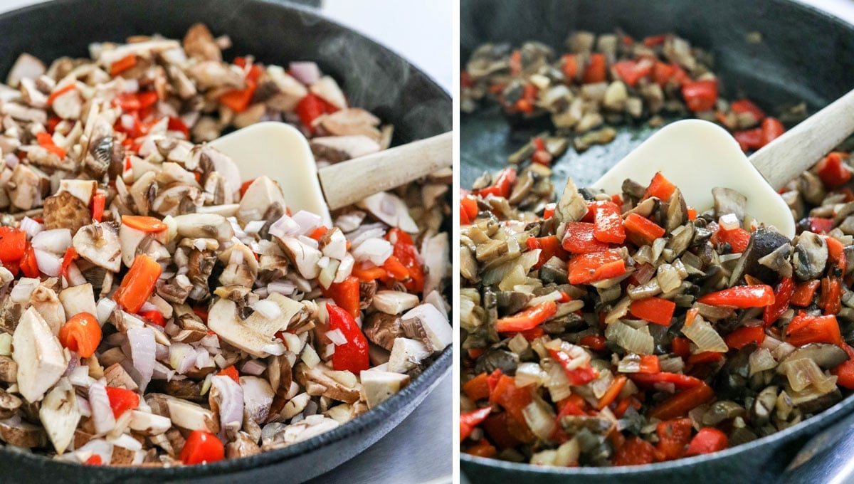 cooked veggies in a cast iron skillet