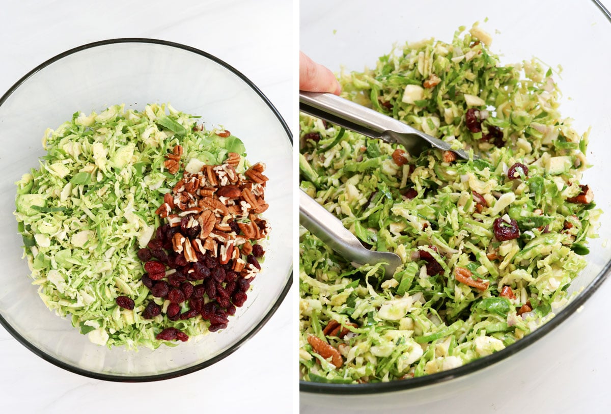 shredded brussels sprouts tossed in the dressing