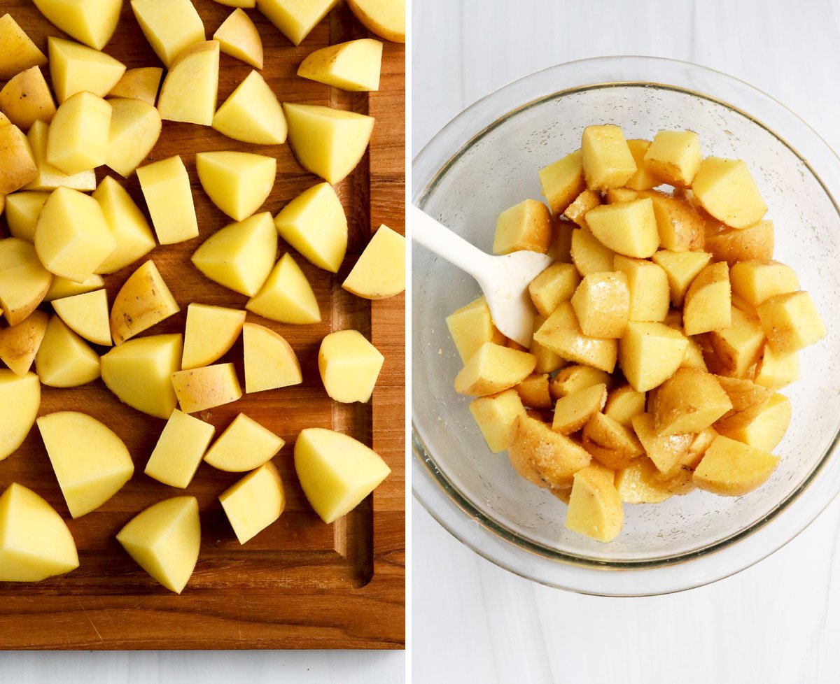 sliced potatoes tossed with spices in glass bowl