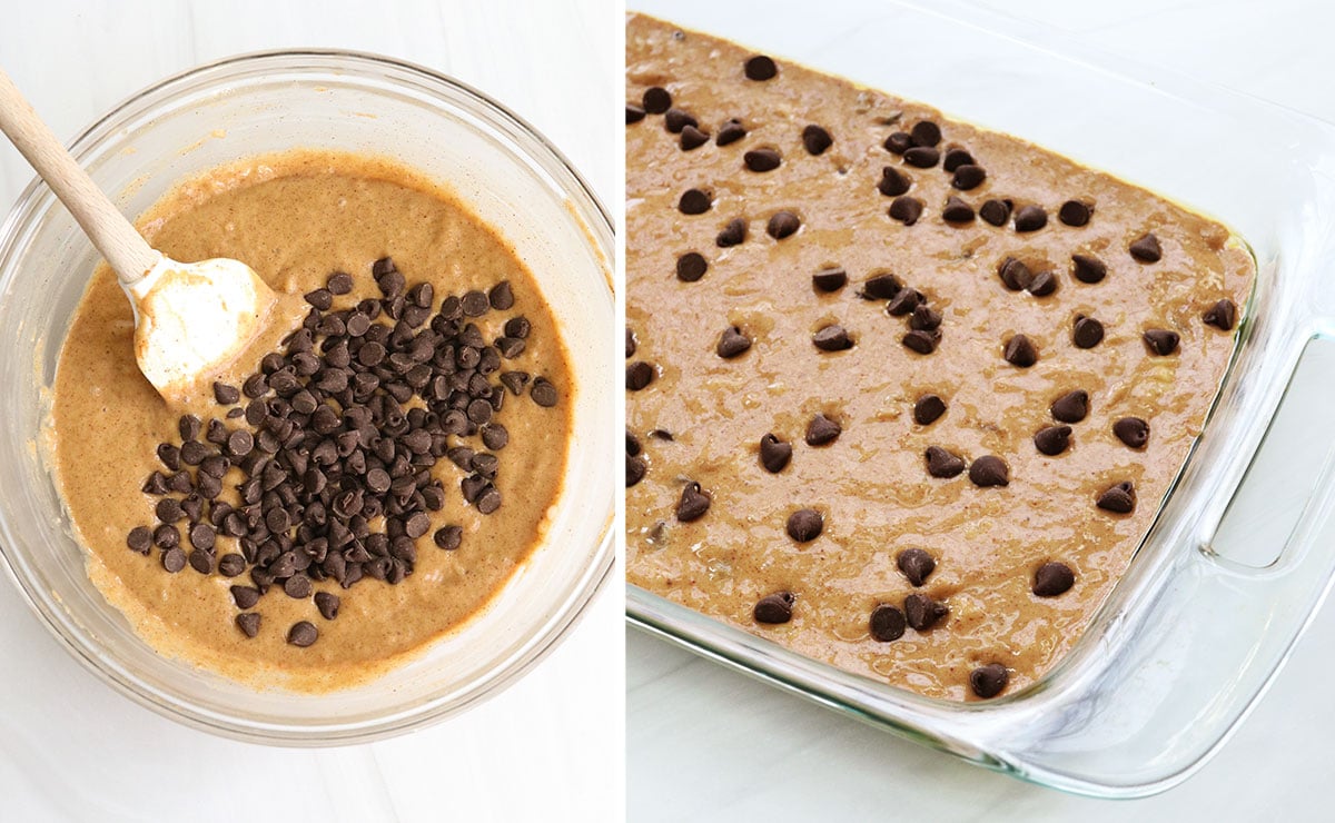 chocolate chips added to batter and spread in glass baking dish.