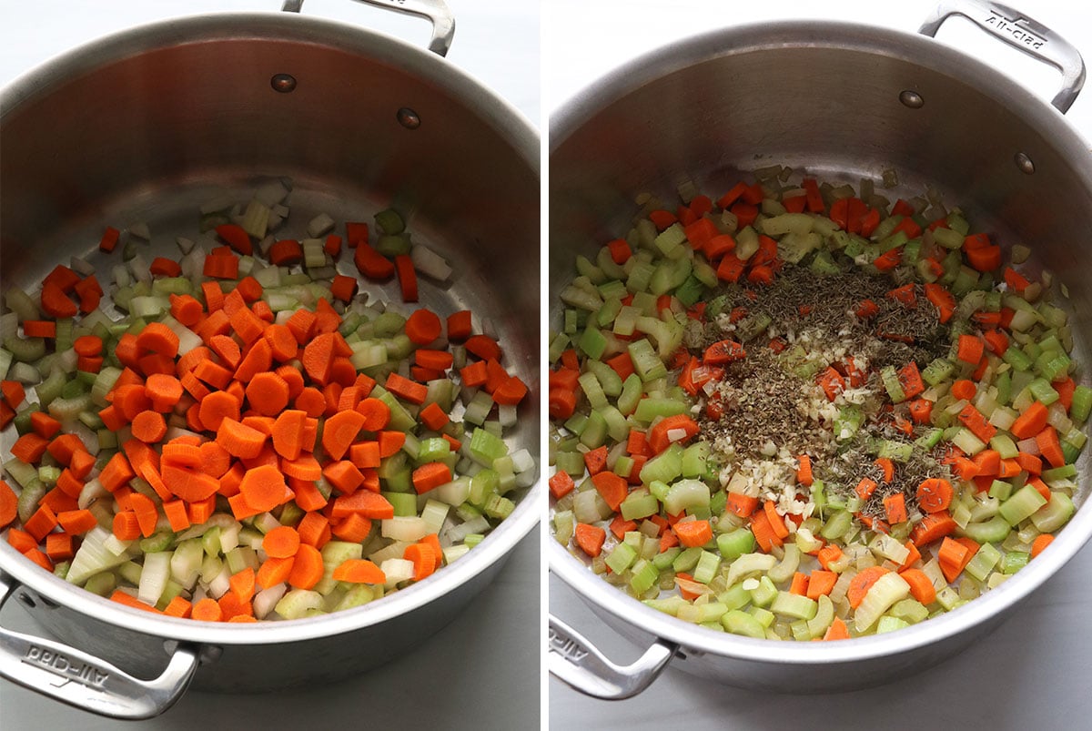 veggies and herbs sauteed in a soup pot.