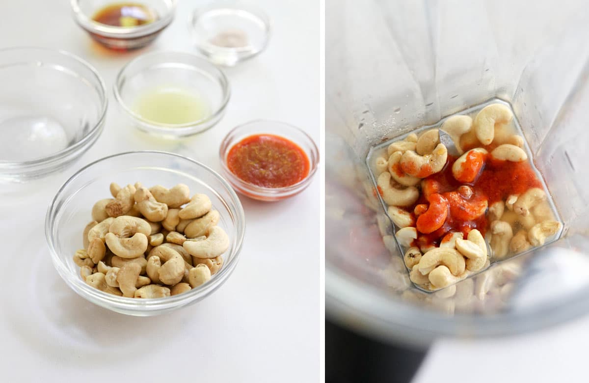 bowl of cashews, sriracha, and lemon juice on white surface and in blender