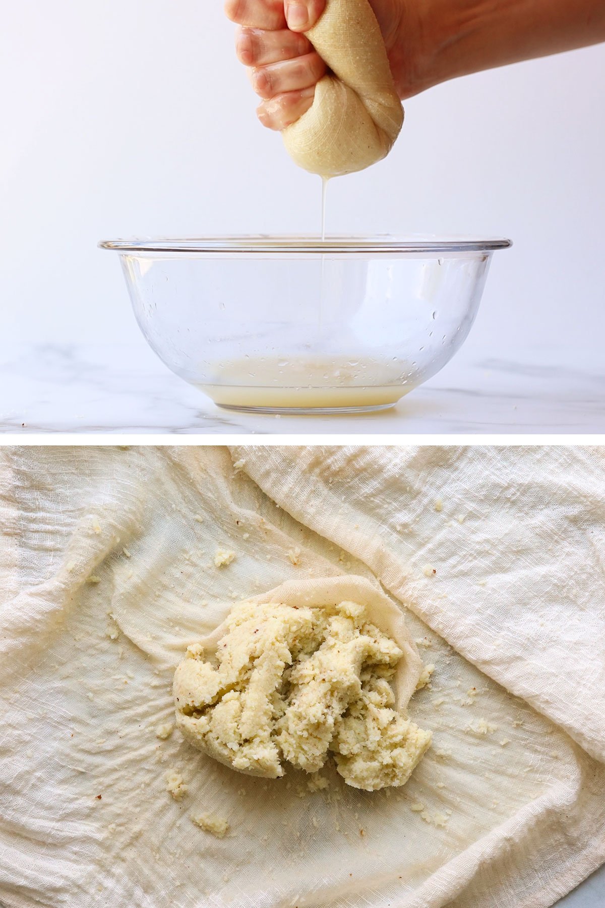 Cauliflower rice squeezed to remove moisture in dish towel. 