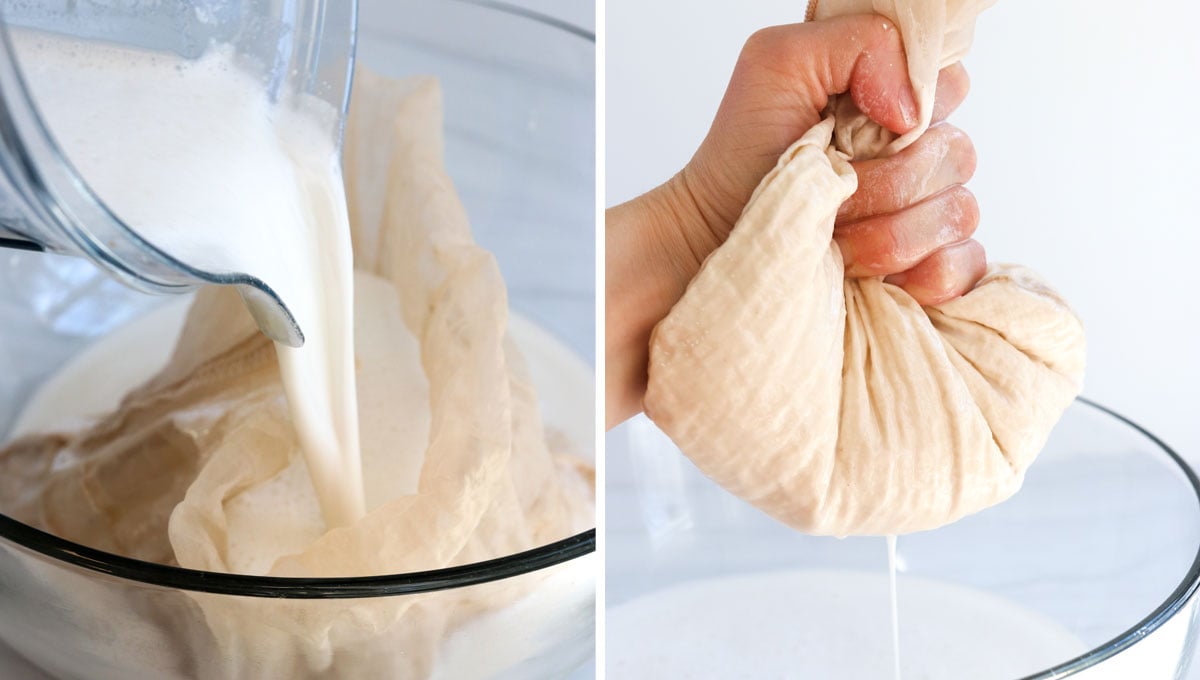 macadamia milk poured into nut milk bag and strained