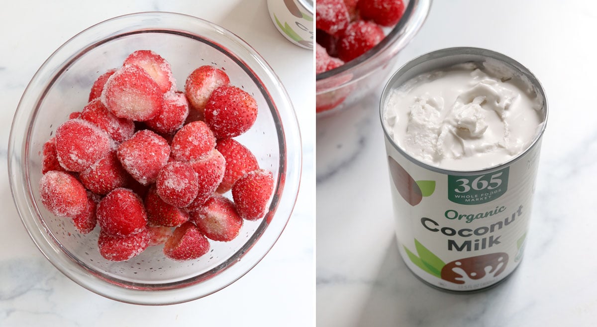 frozen strawberries and can of coconut milk