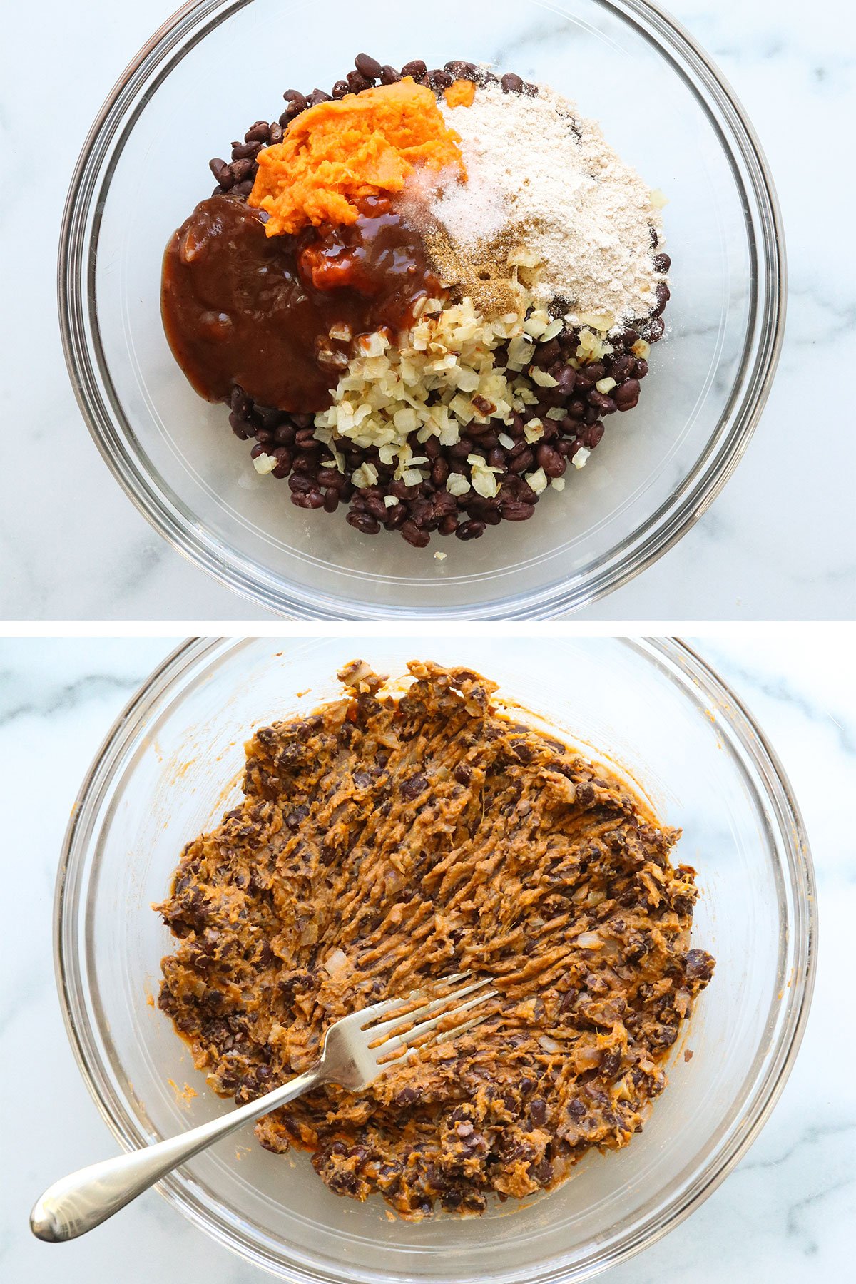 vegan black bean mixture stirred with a fork in a glass bowl.