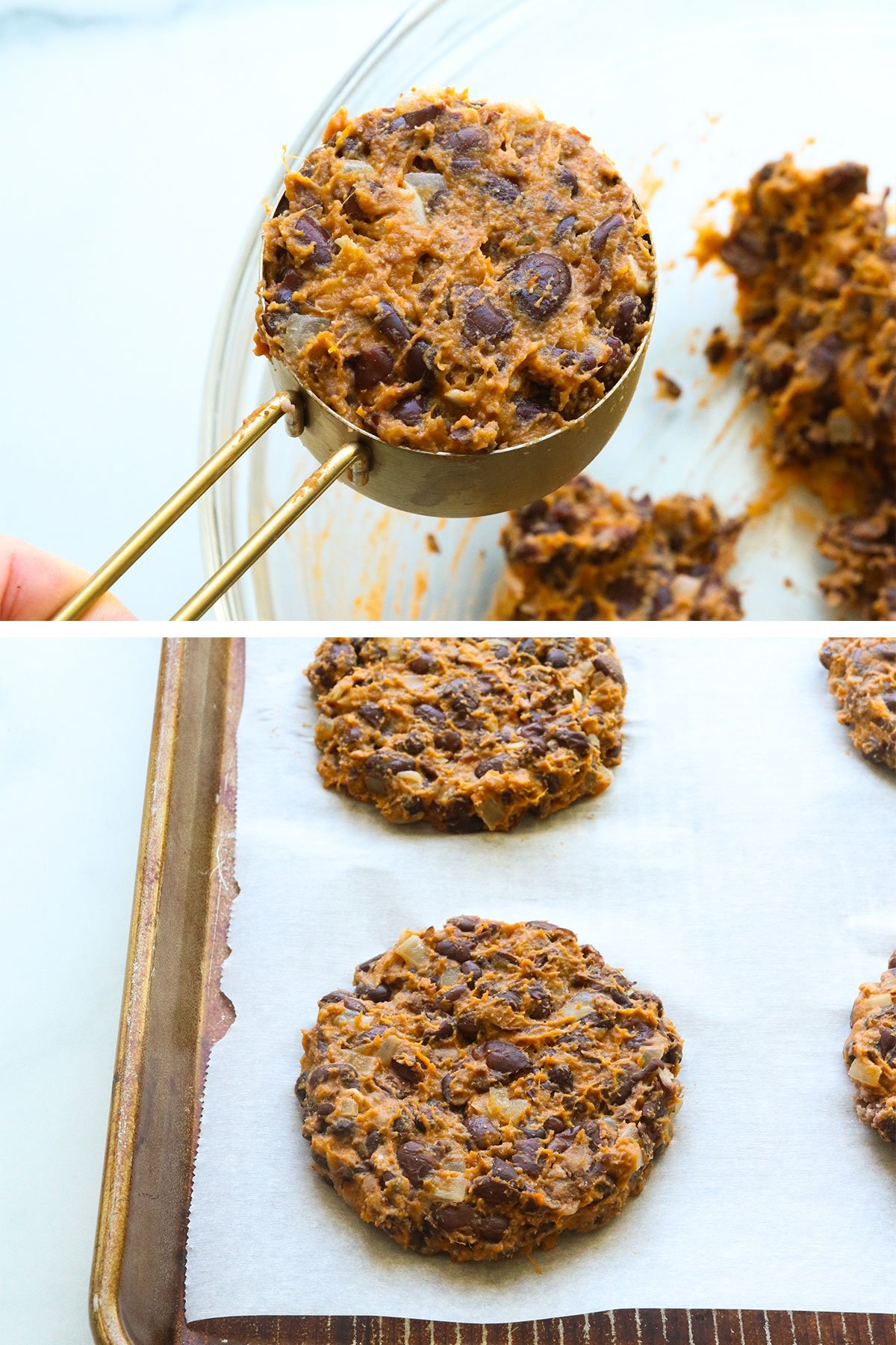 bean burger mixture scooped and shaped on a lined baking sheet. 