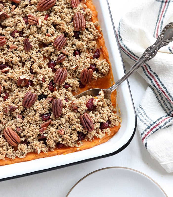 sweet potato casserole with pecans on top