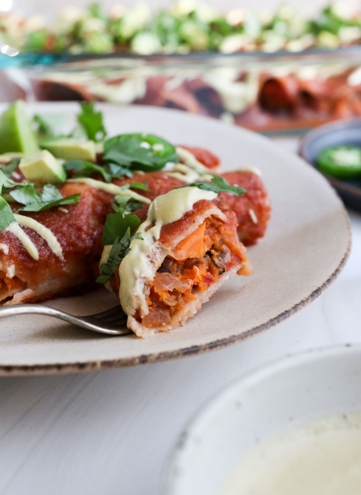 sweet potato enchilada filling closeup on fork