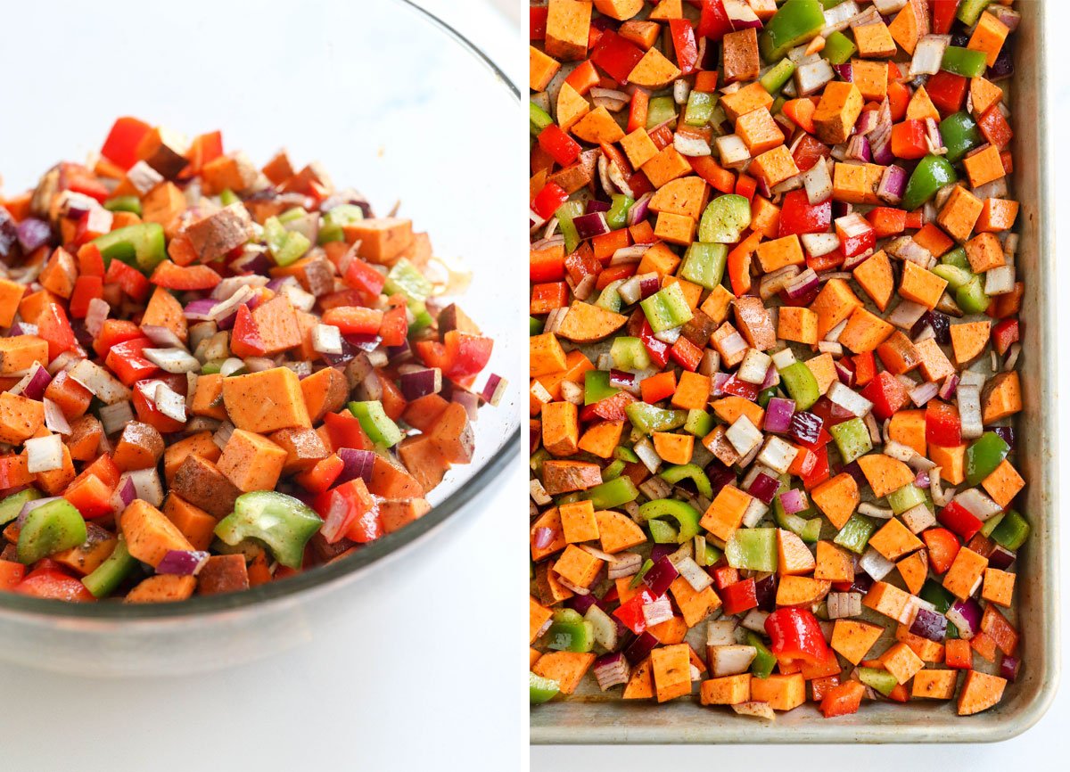 sweet potato hash ingredients in bowl and on pan