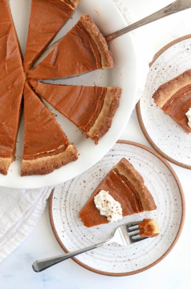 sweet potato pie sliced in pan overhead