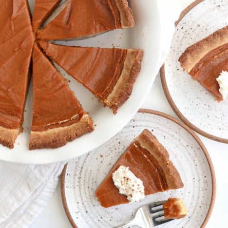 sweet potato pie sliced in pan overhead