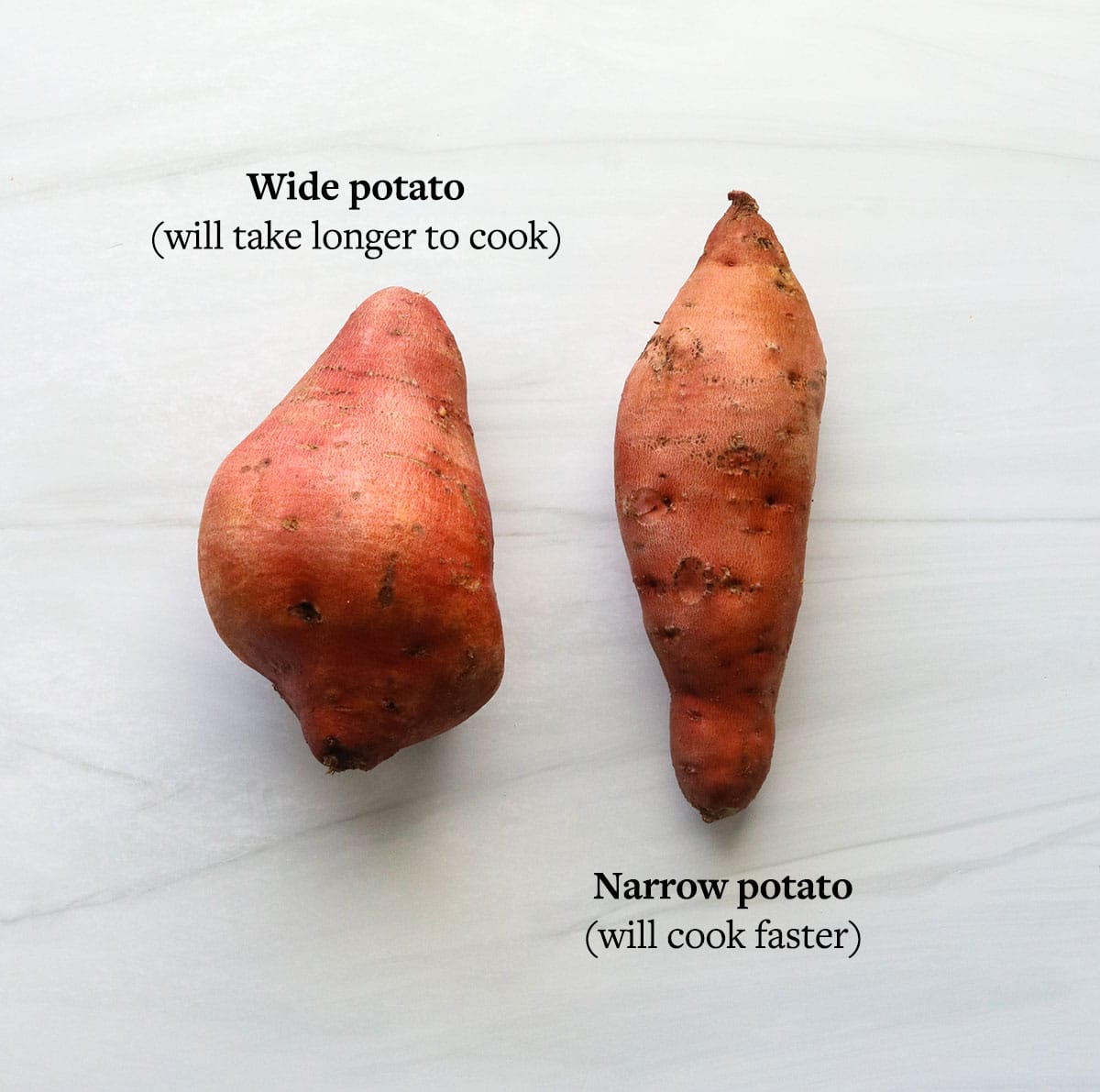 narrow vs wide sweet potato on a white surface.