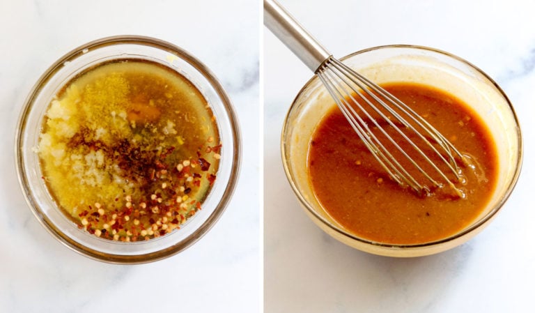 thai peanut dressing whisked in glass bowl