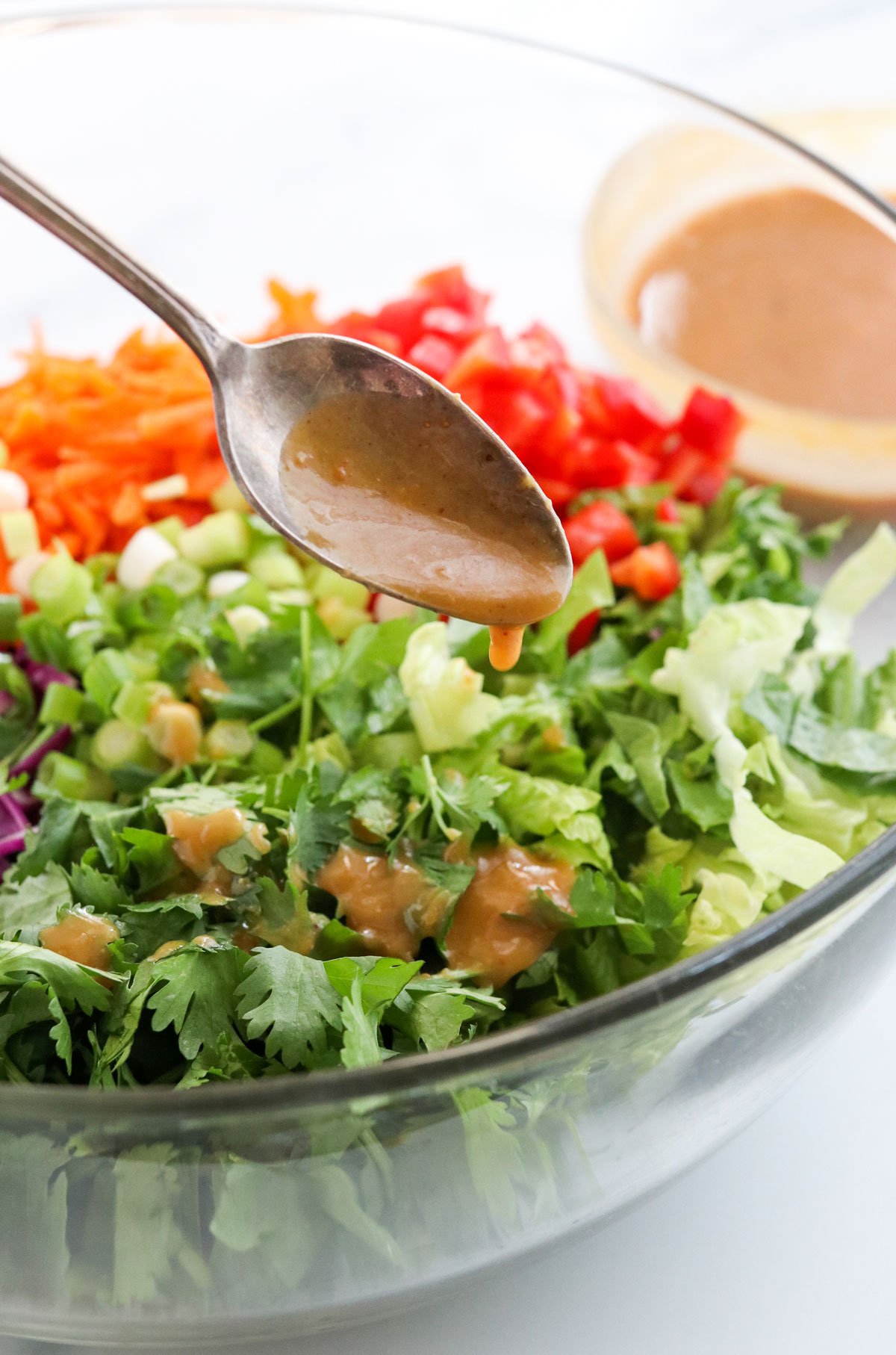 peanut salad dressing poured on salad