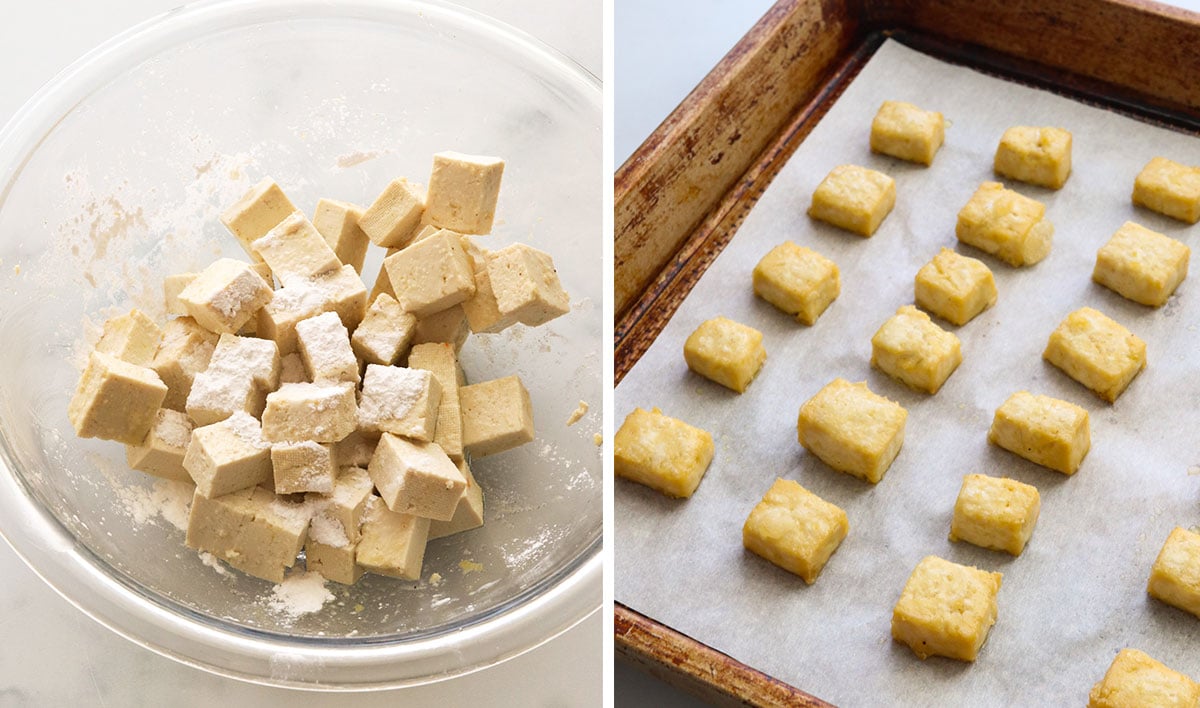 tofu tossed with seasonings and baked on a pan.