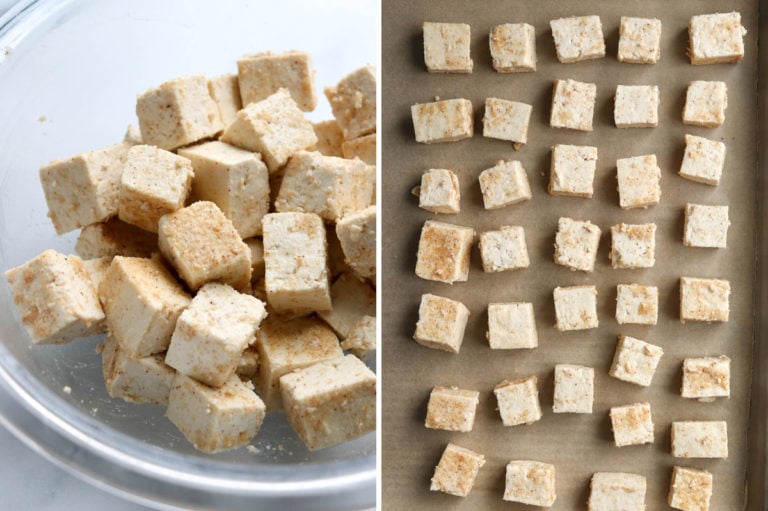 seasoned tofu spread out on baking sheet