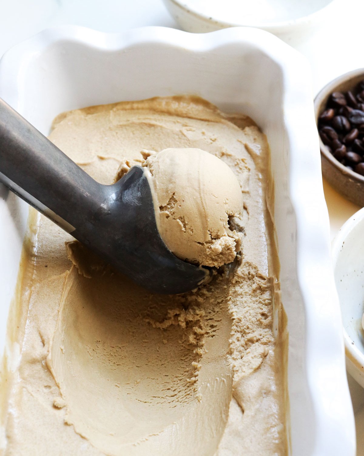 coffee ice cream scooped out of pan