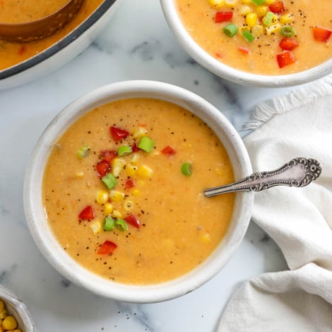 vegan corn chowder in two bowls