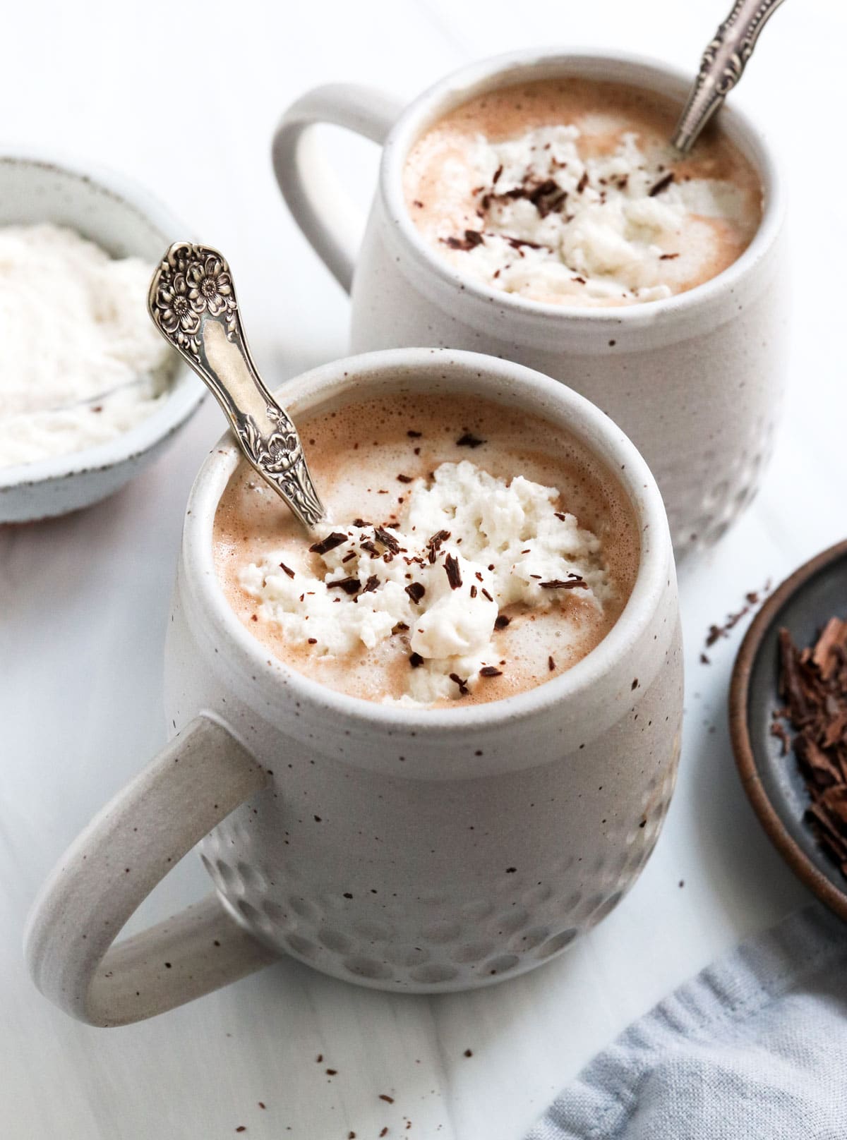 healthy hot chocolate in two white mugs.