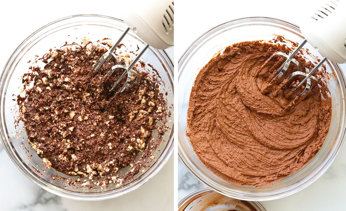 vegan mousse mixed with a hand mixer in glass bowl.