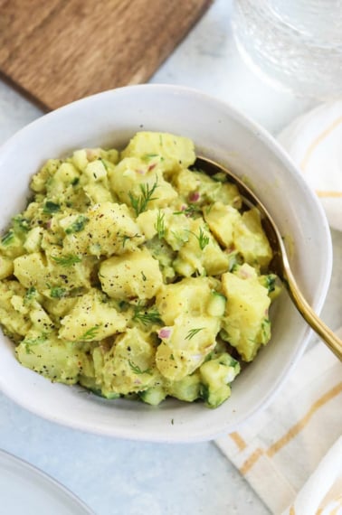 vegan potato salad overhead with napkin