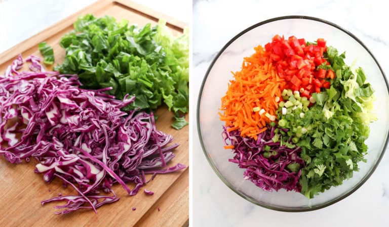 shredded veggies added to glass bowl