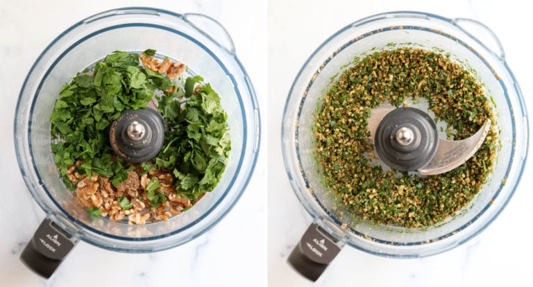 walnuts and herbs in food processor