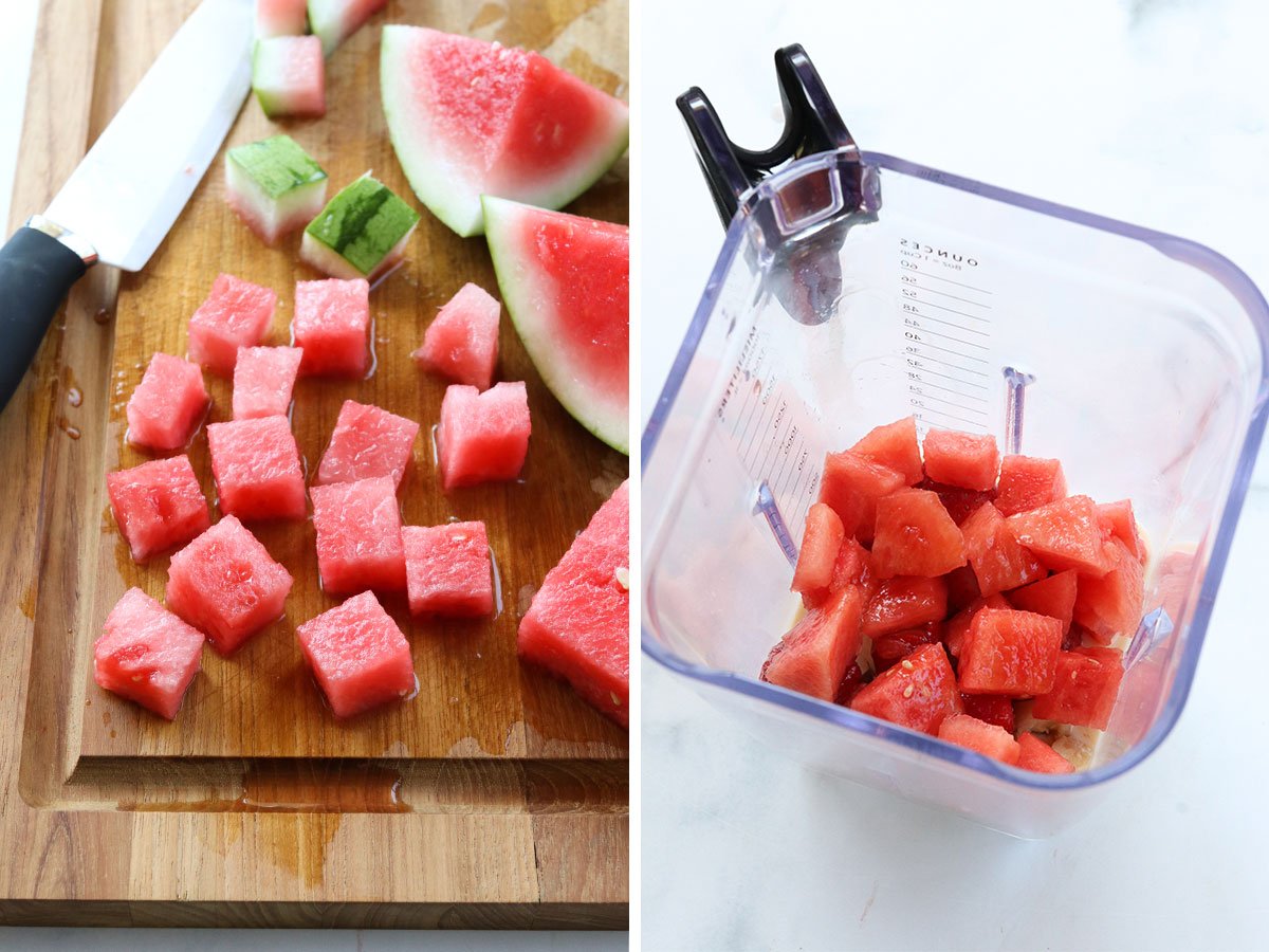 watermelon cut on a cutting board and added to blender.