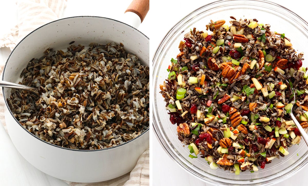 cooked wild rice in saucepan and added to the salad mixing bowl.